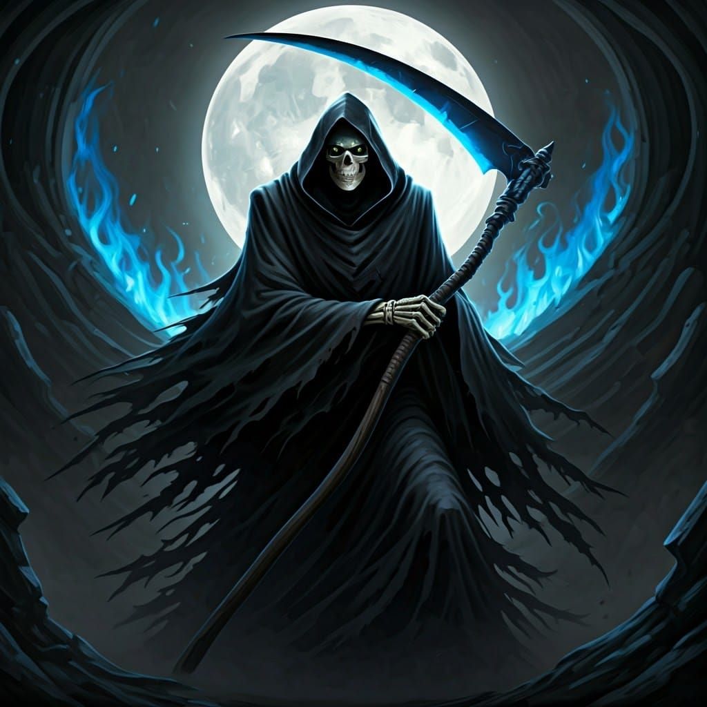 Grim Reaper in Dark Fantasy with Eerie Blue Flames