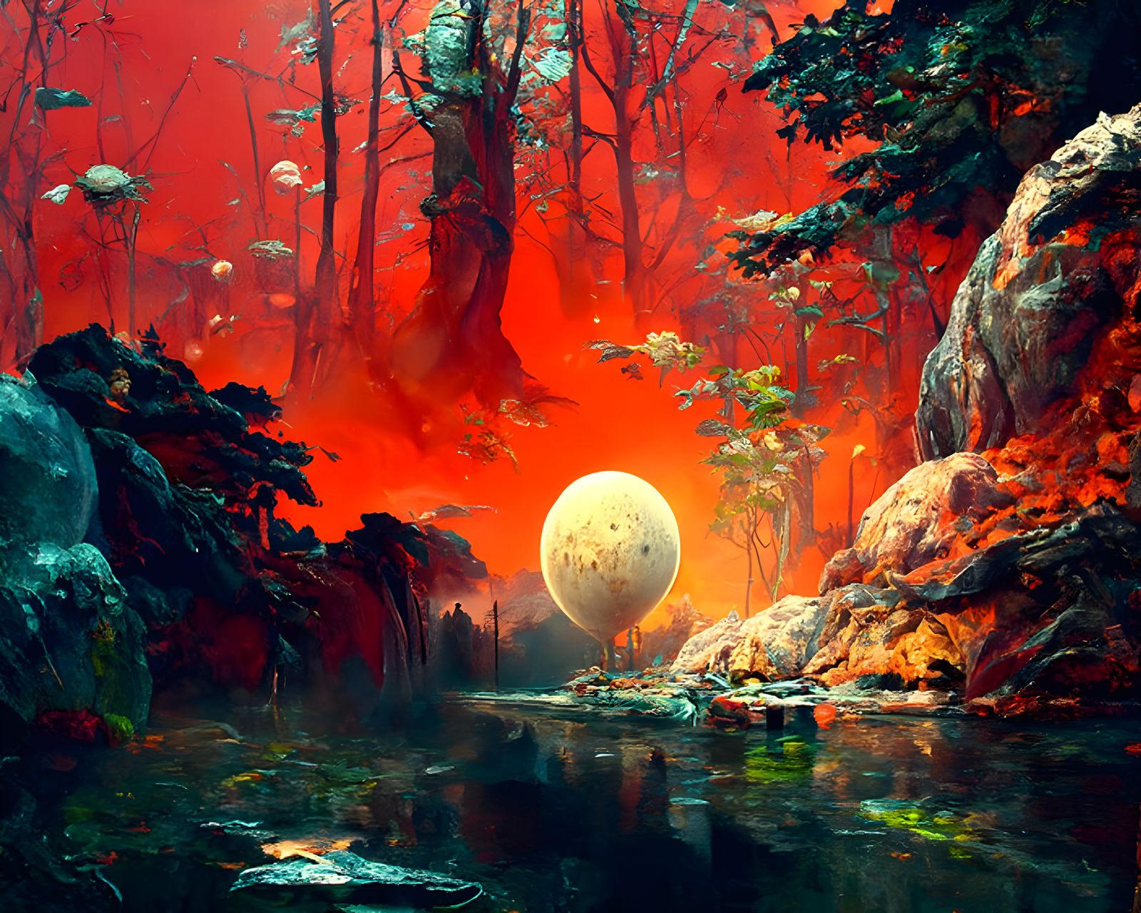 Mystical Alien Moonrise Over Forest Lake