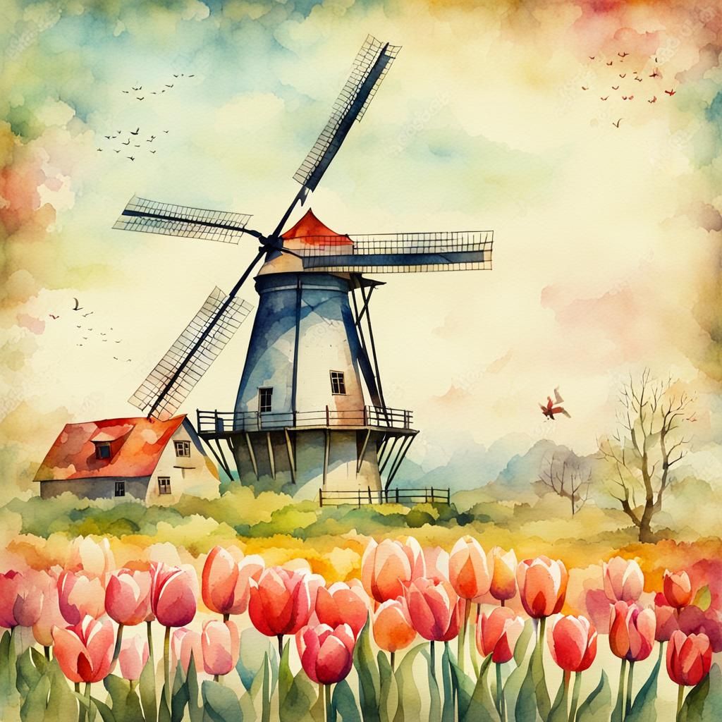 Vintage Watercolor Windmill and Tulips Landscape