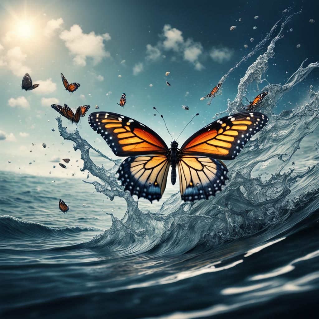 Butterfly over Ocean: Hyperrealistic 64 Megapixel Image