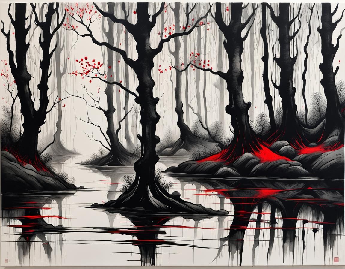 Reflected Forest in Ink, Minimalist Abstract Style