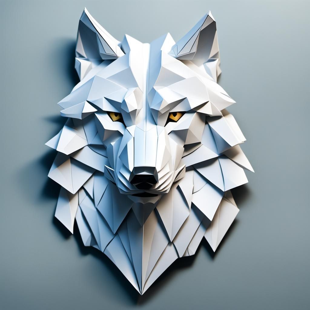 Handsome Wolf Eating in Origami Papercraft Style