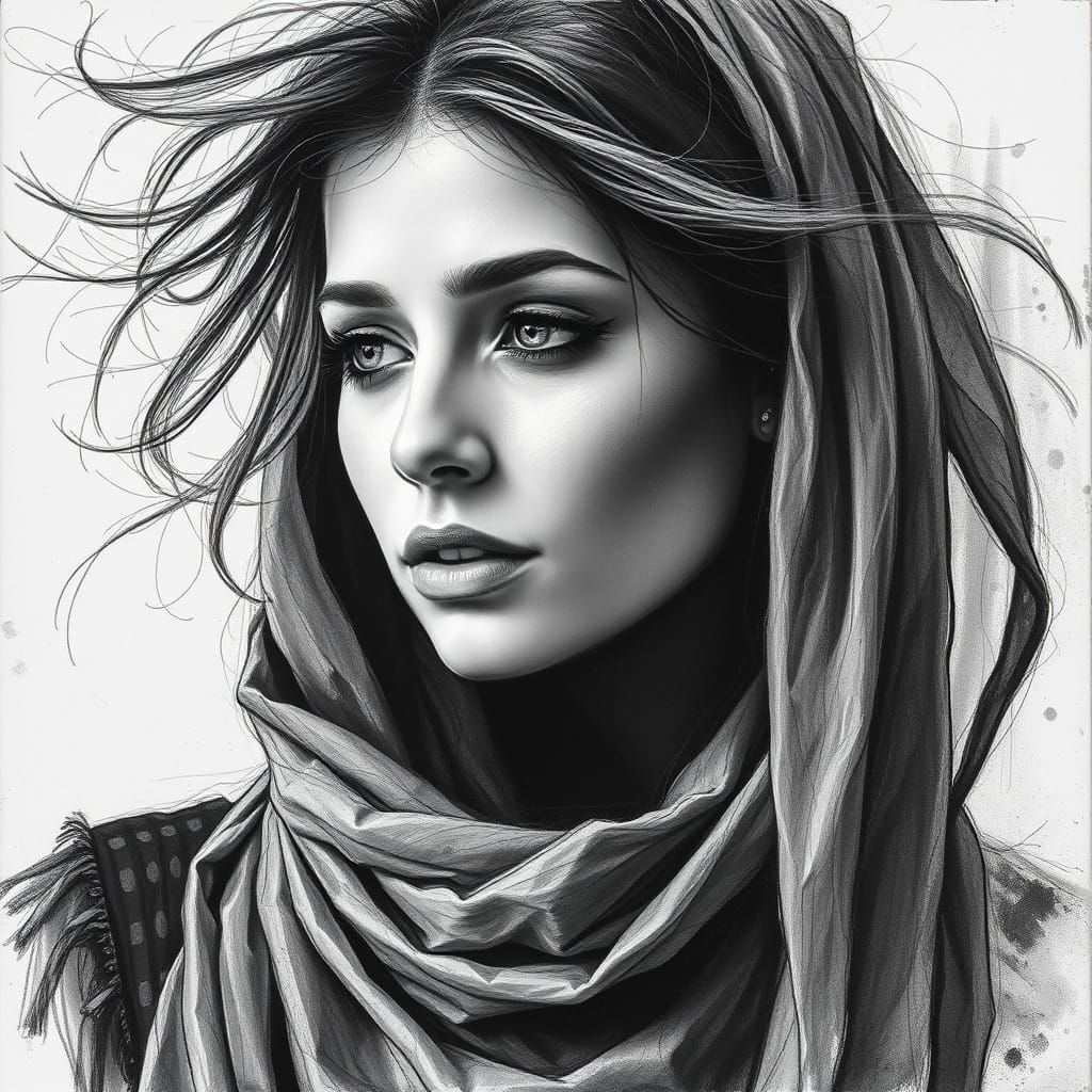 Expressive Charcoal Portrait of Woman with Scarves