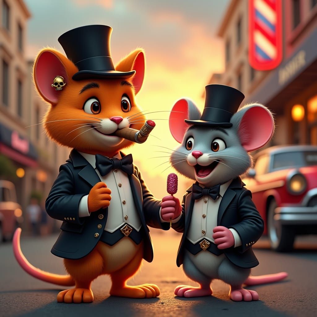 Cat and Mouse Friends in 80s Cityscape