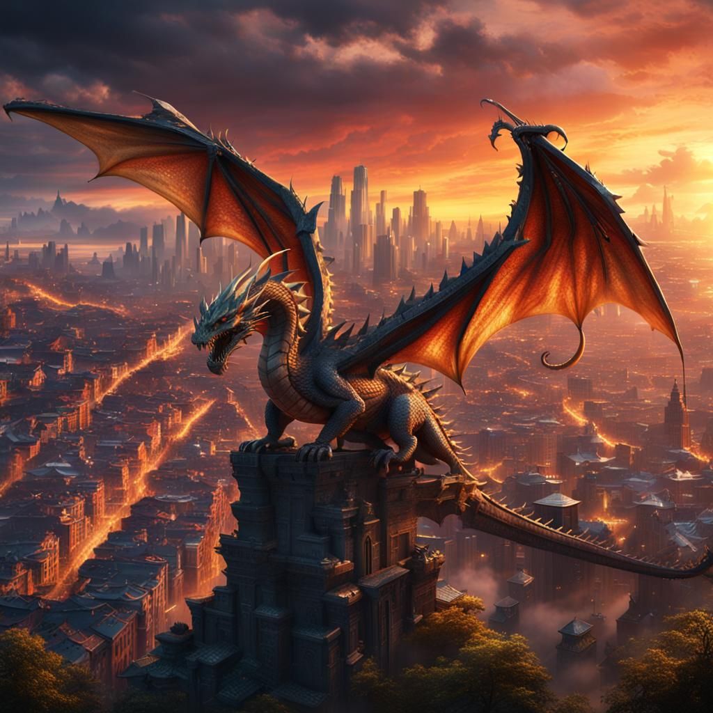 Dragon Over City at Sunset: Fantasy Concept Art