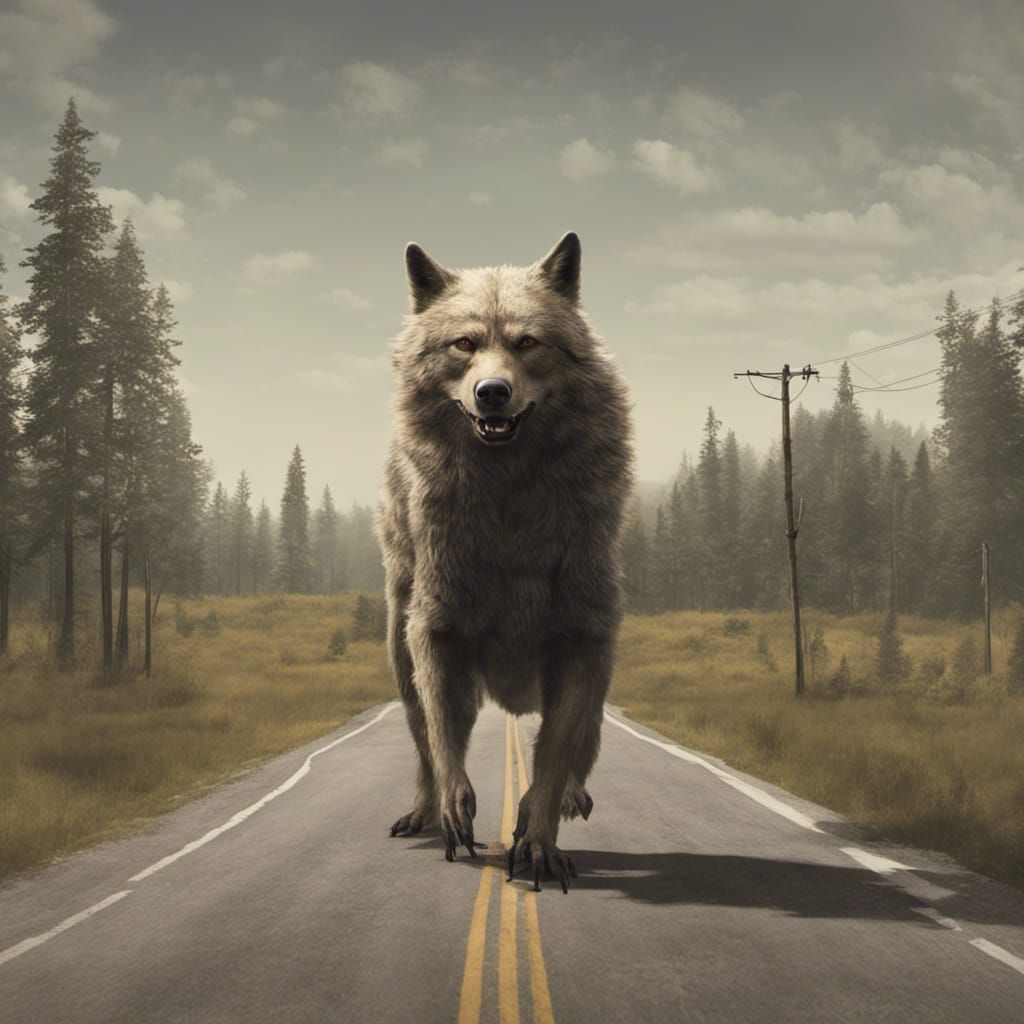 Hyperrealistic Dogman Crossing a Road