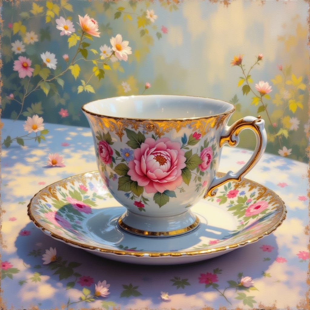 Floral Teacup in Impressionist Encaustic Style