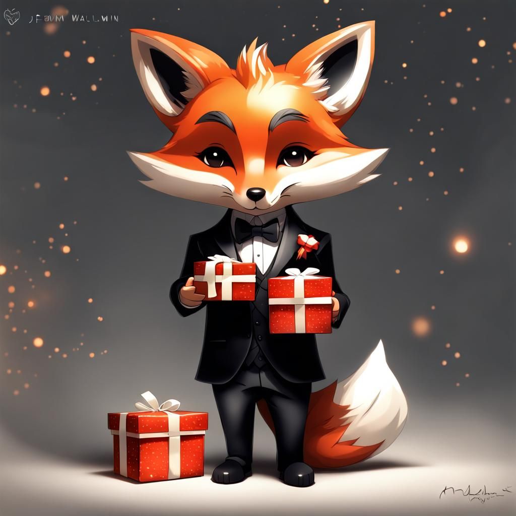 Chibi Fox in Suit Holds Birthday Present