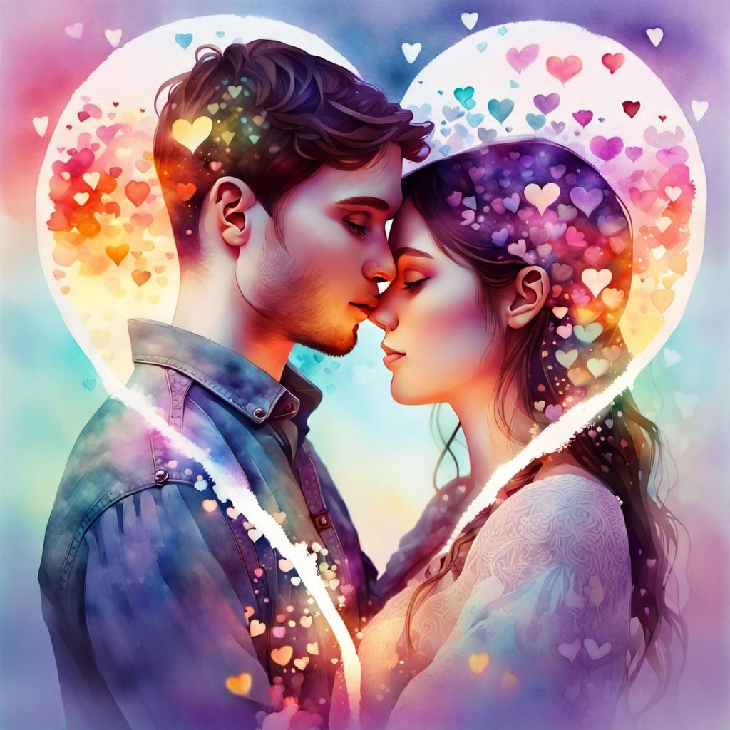 Double exposure.  digital watercolor illustration of a couple; surrounded by glowing luminescent particles :: rainbow ::...