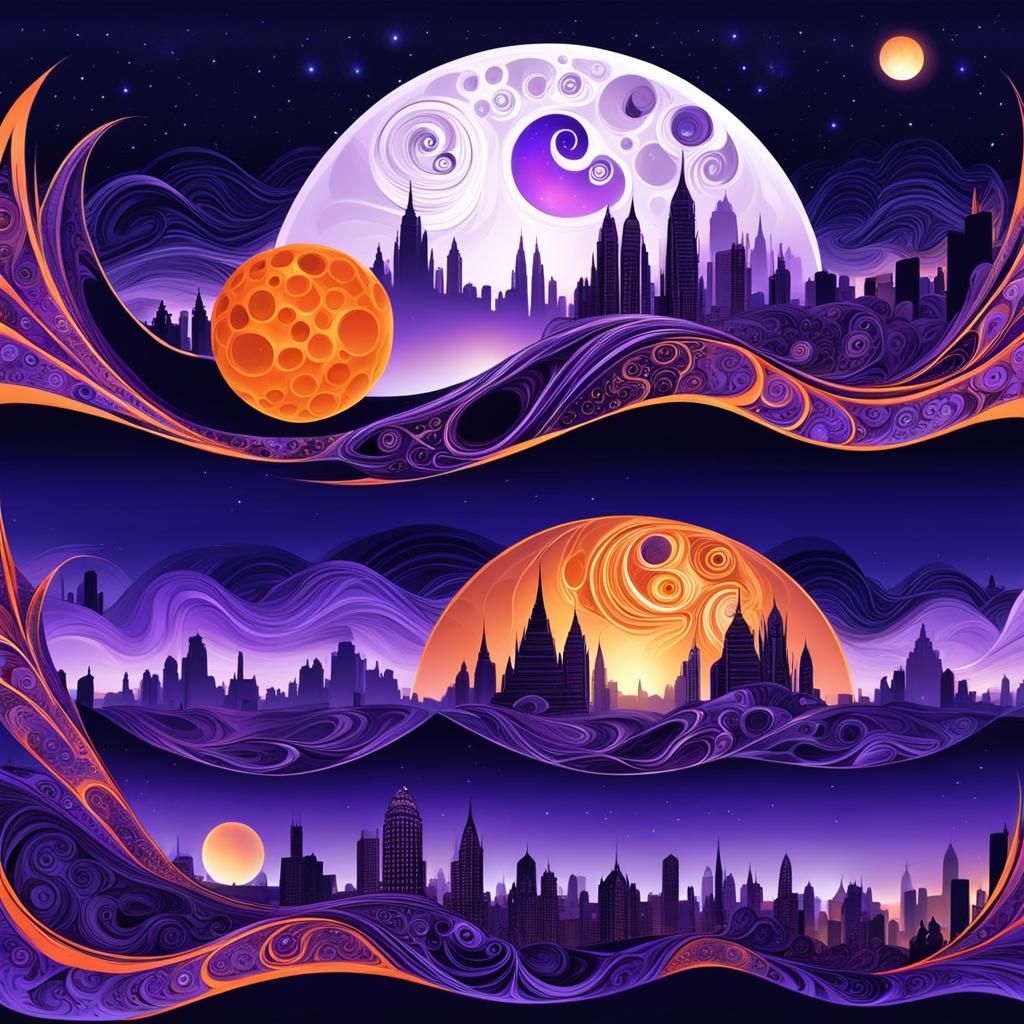 Fiery Moons Over City Skyline in Fractal Style