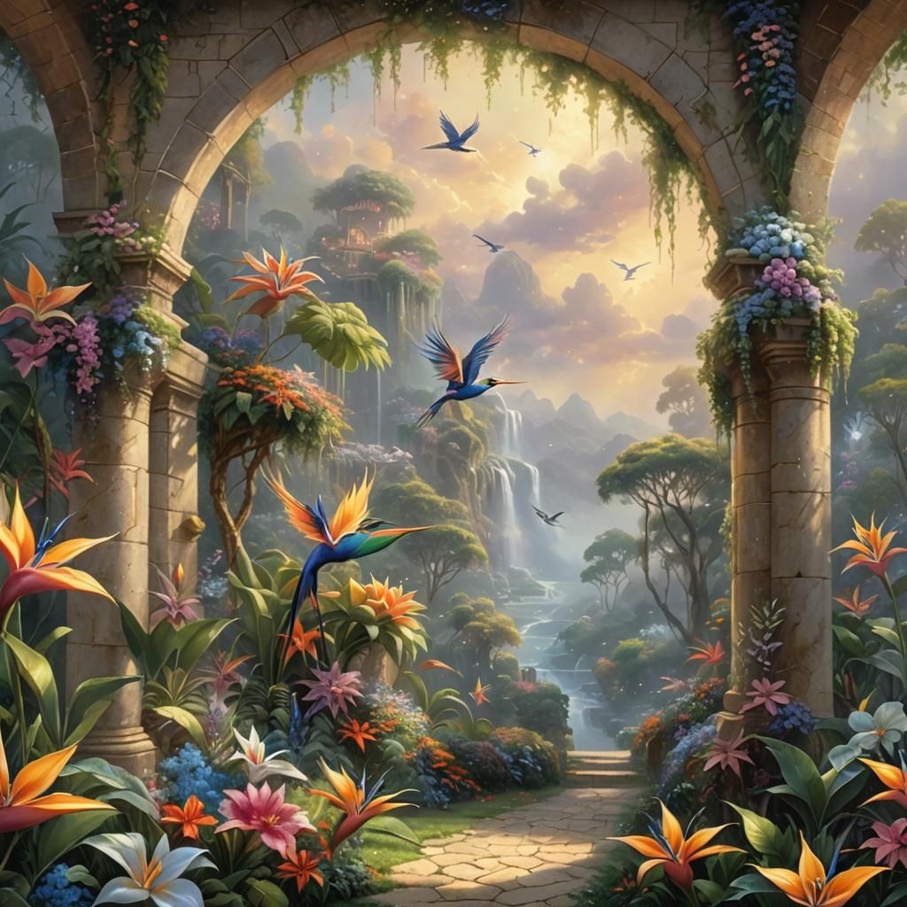 Bird of Paradise Flies Through Floral Archway