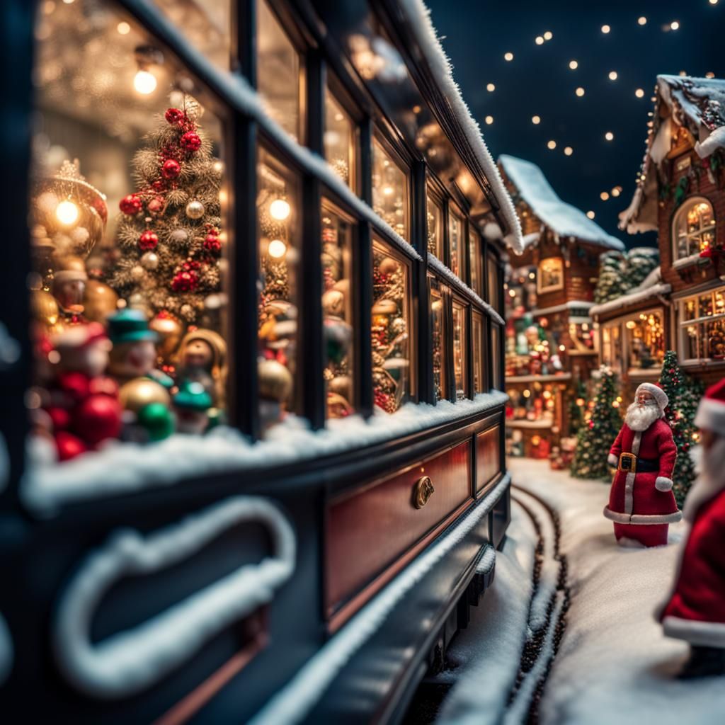 Toy Train Christmas Display in Hyperrealistic Style