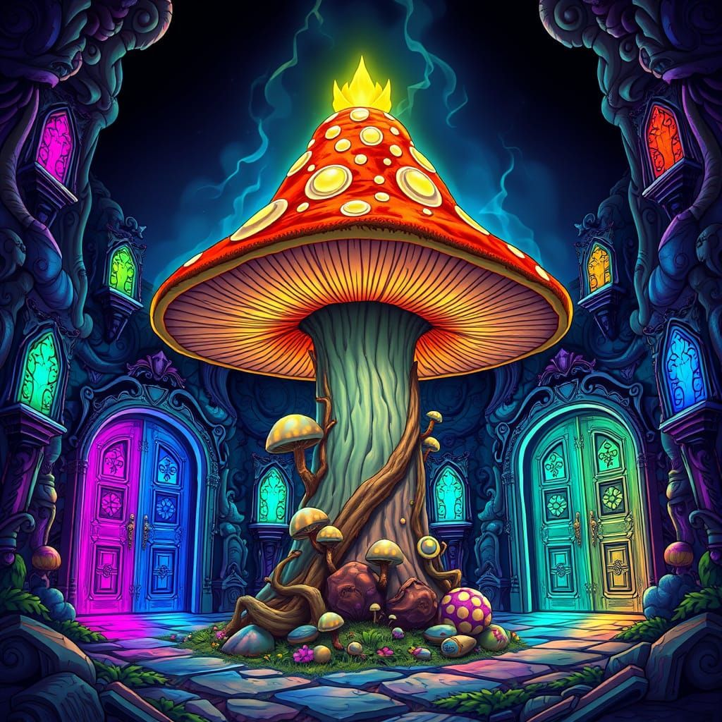 Giant Mushroom with Glowing Doors: Illustrative Art