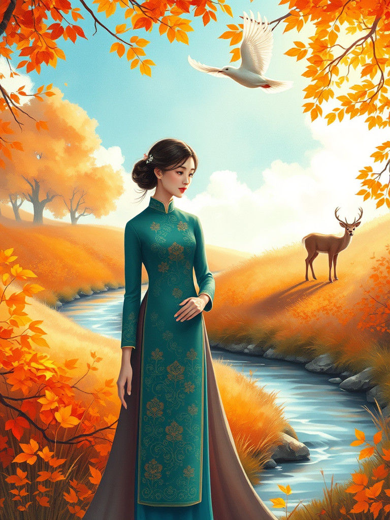 Vietnamese Woman in Áo Dài by Stream, Impressionistic Style