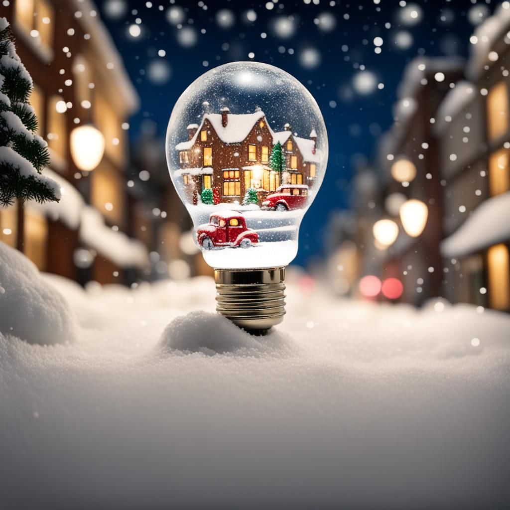 Christmas Street Scene Inside a Lightbulb