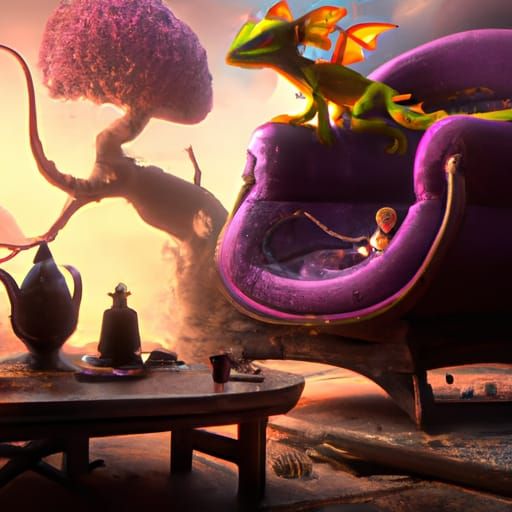 Fantasy Scene with Dragon, Kitten and Purple Tree