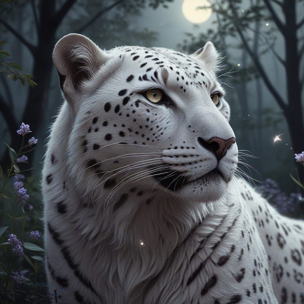 Ethereal White Lavender Leopard in Moonlit Forest