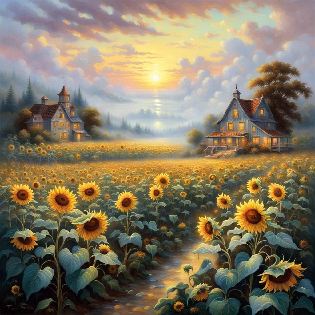 Sunrise Over Sunflower Field in Fantasy Style