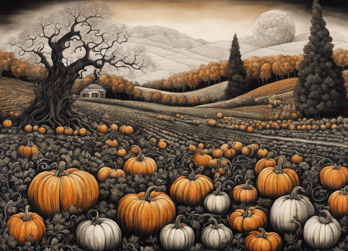 Whimsical Pumpkin Patch in Ink Art Style