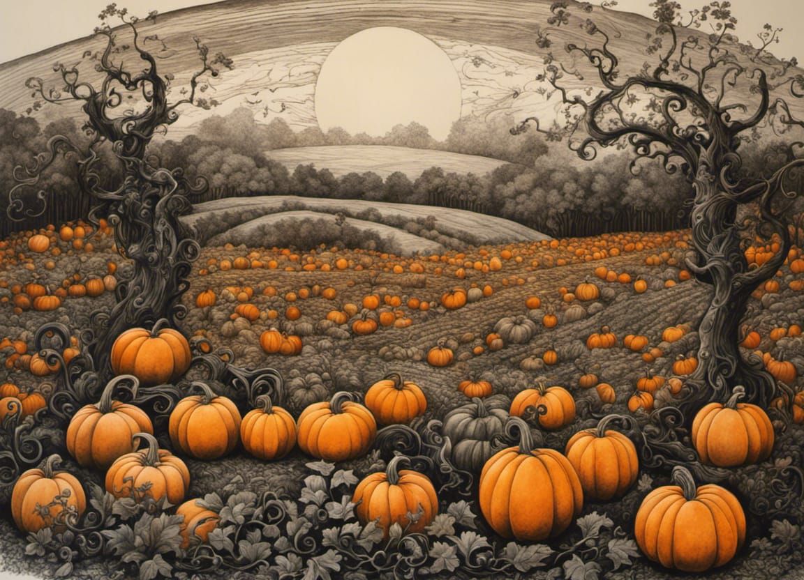 Whimsical Pumpkin Patch in Ink Painting Style
