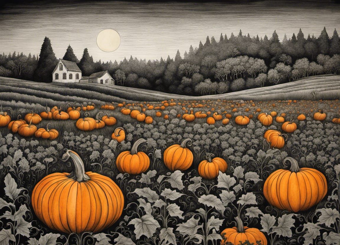 Elegant Whimsical Pumpkin Patch in Modern European Ink Paint...