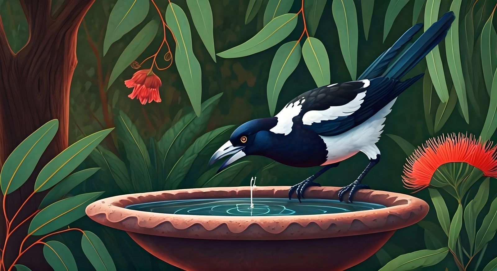 Australian Black and White Bird in Bush Garden