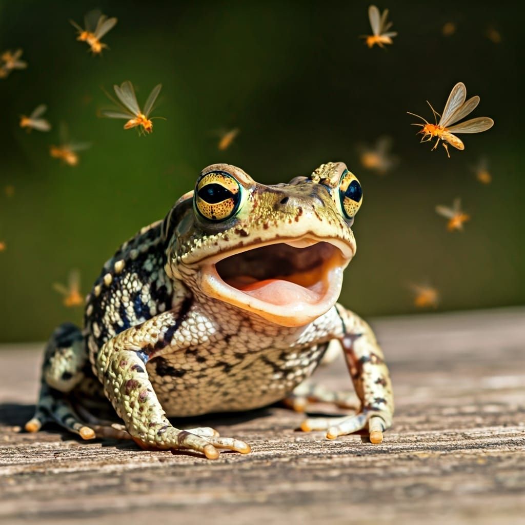Happy Toad Surrounded by Flying Termites