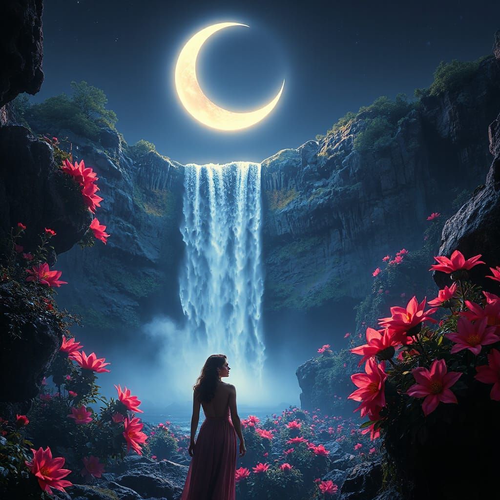 Neon Waterfall Goddess under Crescent Moon in Cyberpunk Styl...