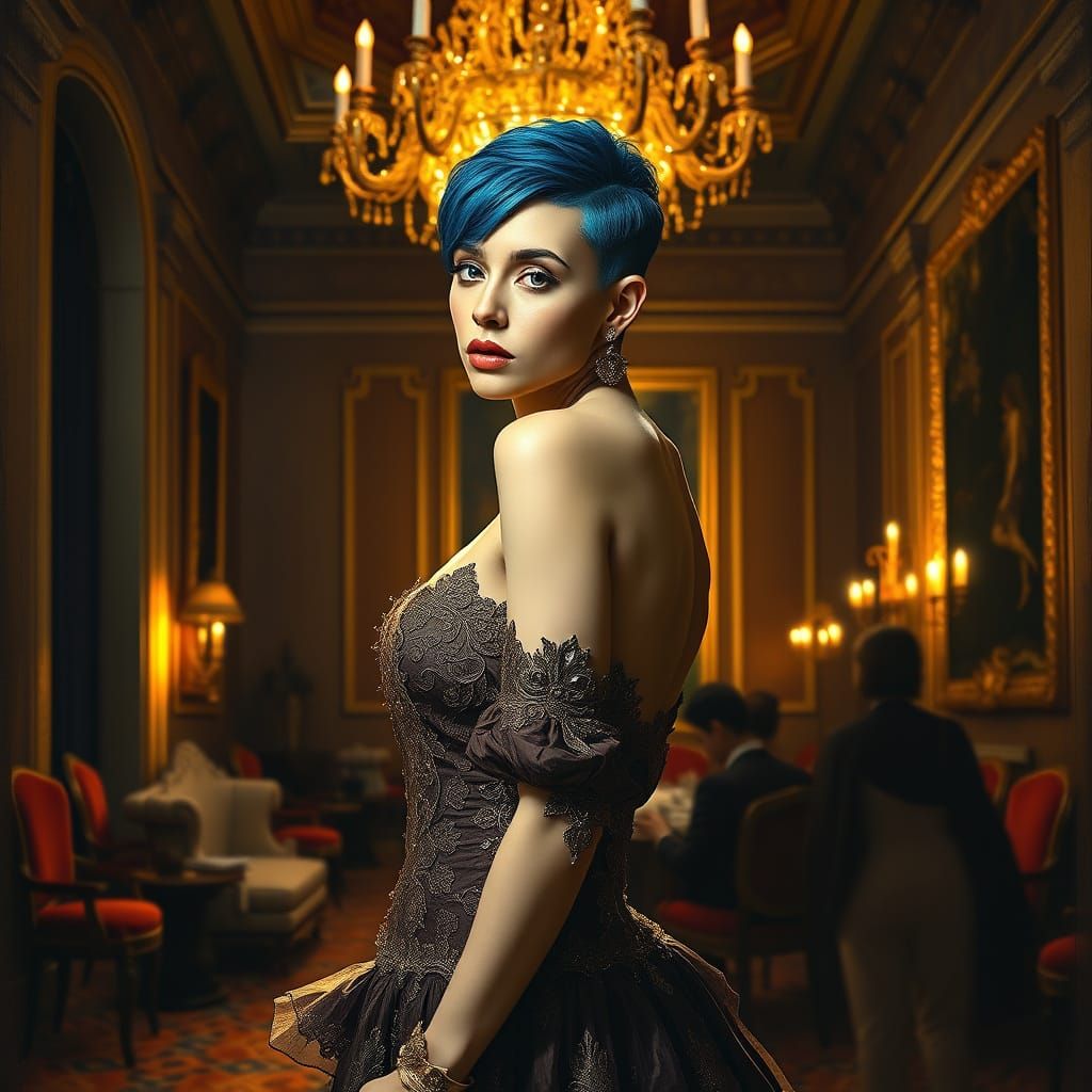 Blue-Haired Woman in Baroque Gown in Lavish Ballroom