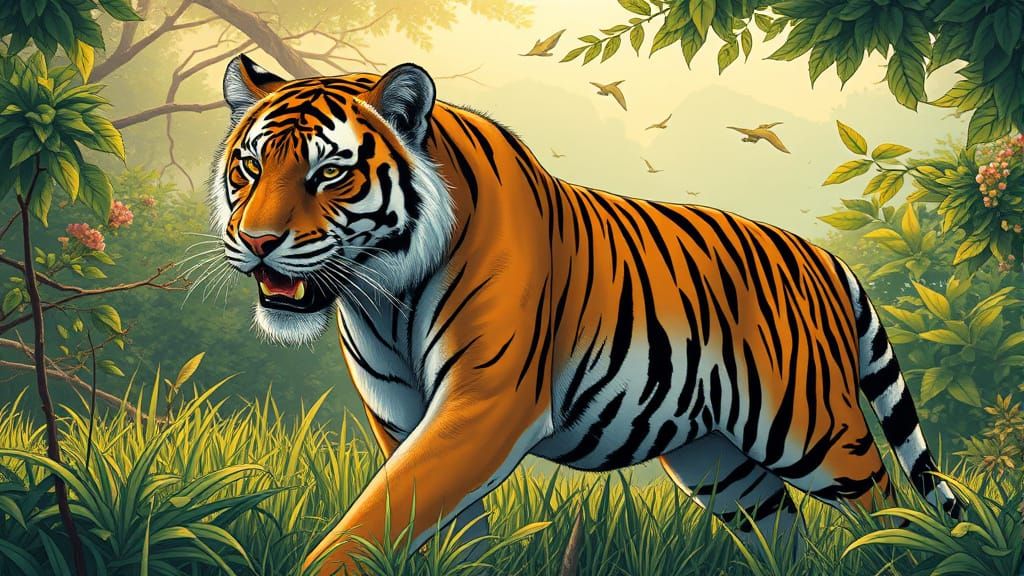 Majestic Tiger in Serene Woodblock Style