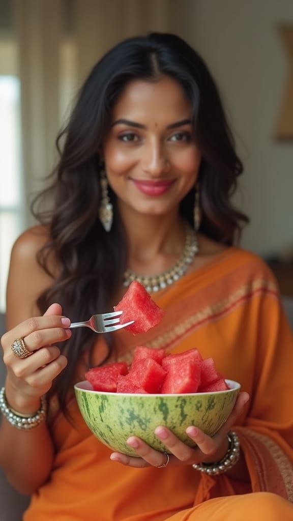 Indian Woman Enjoying Watermelon in Traditional Salwar Suit