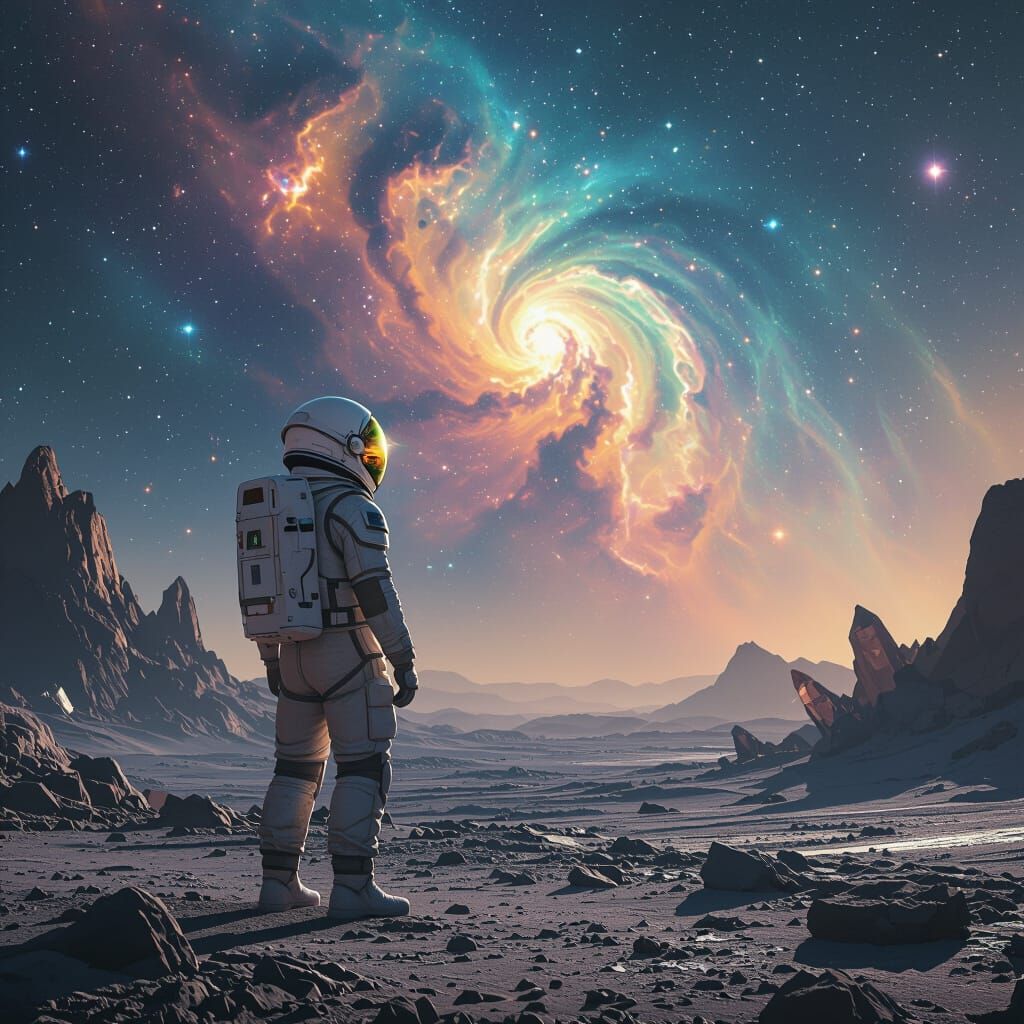 Astronaut Gazing at Nebula on Alien Planet