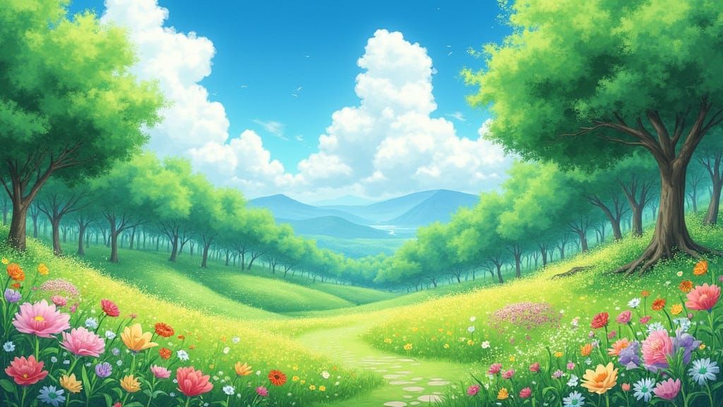 Gentle Whimsical Landscape in Traditional Japanese Style