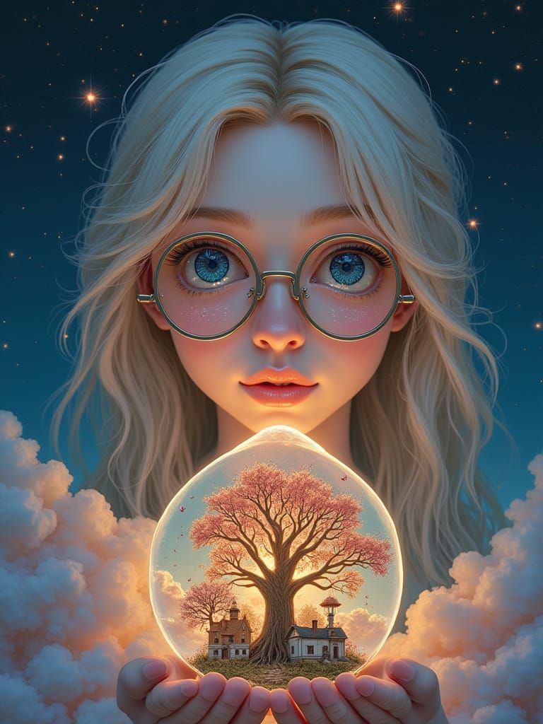 Miniature World Inside Diamond Reflecting Starry Night