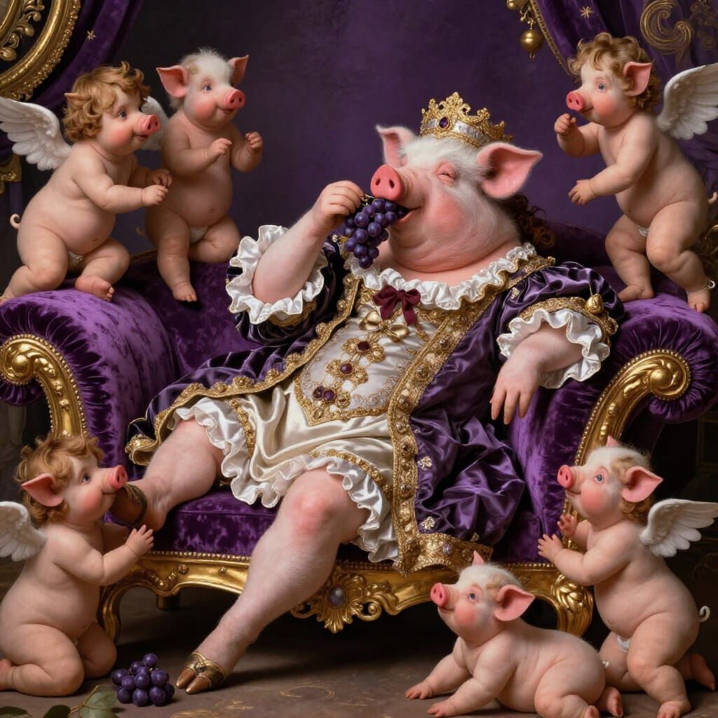 Baroque Opulence: Pig Man Reclining in Velvet Gown