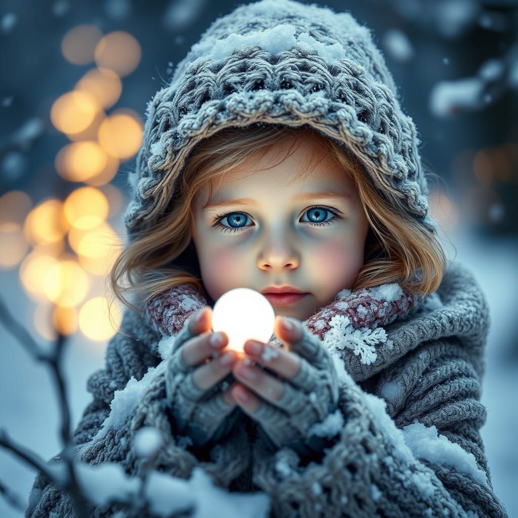 Girl with White Owl in Snowy Landscape Under Warm Blue Light...
