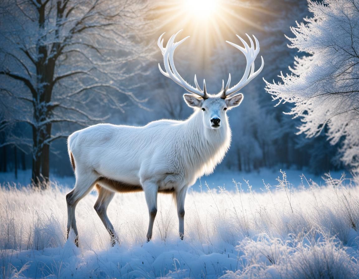 Majestic White Stag Spreading Wings in Frosty Landscape