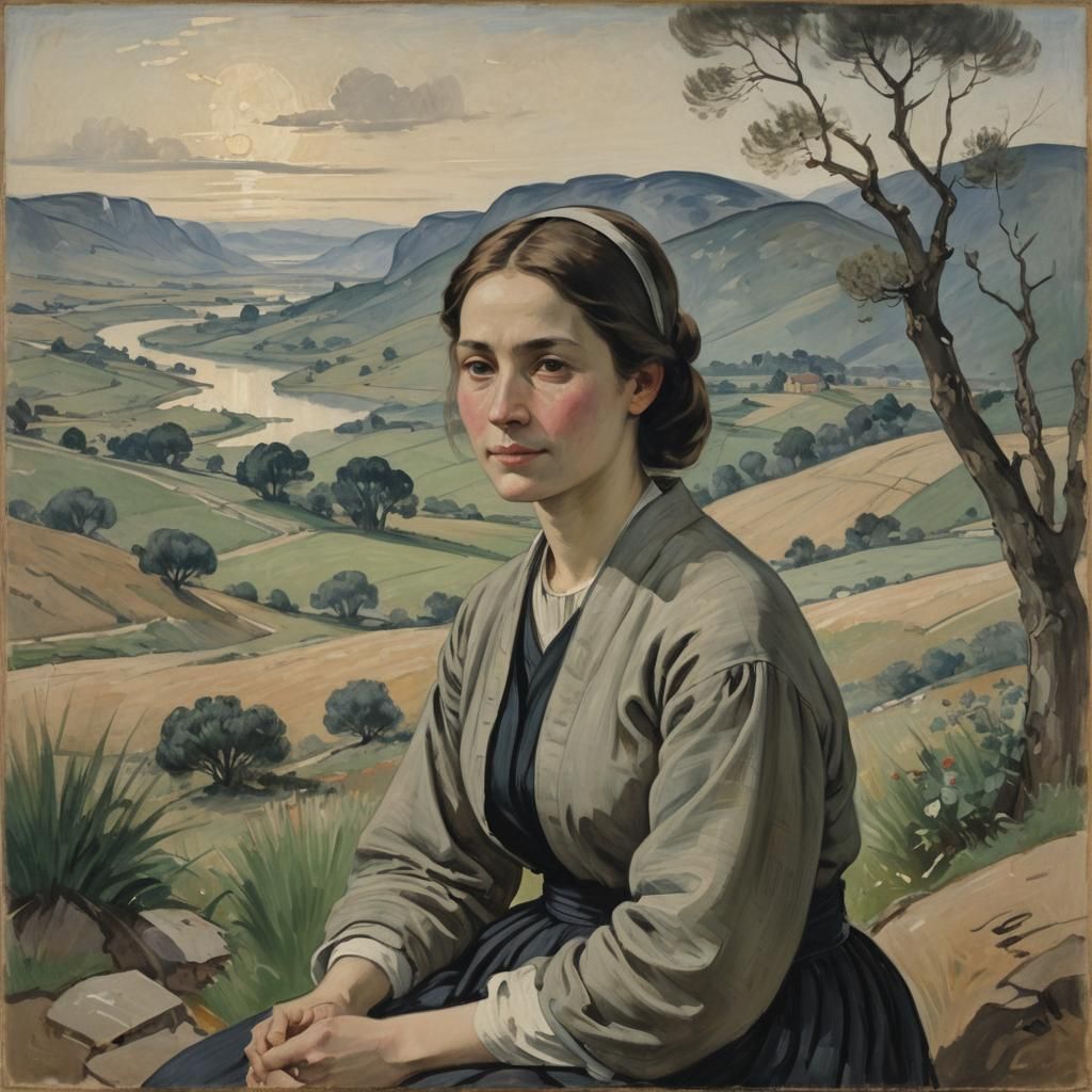 Woman with Enigmatic Smile Gazing at Landscape