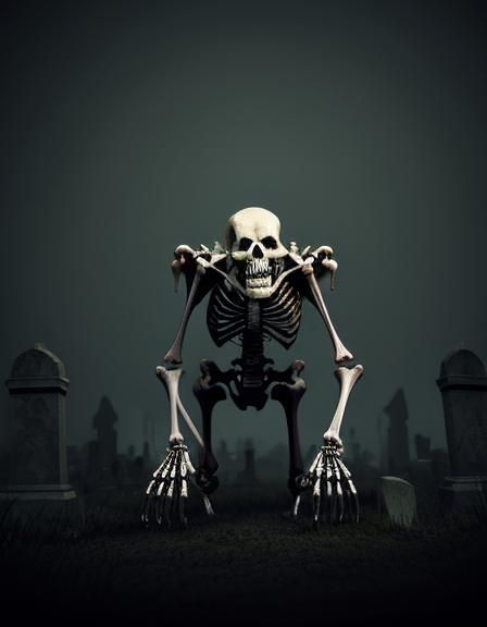 skeleton crawling out of  graveyard background depth with 10...
