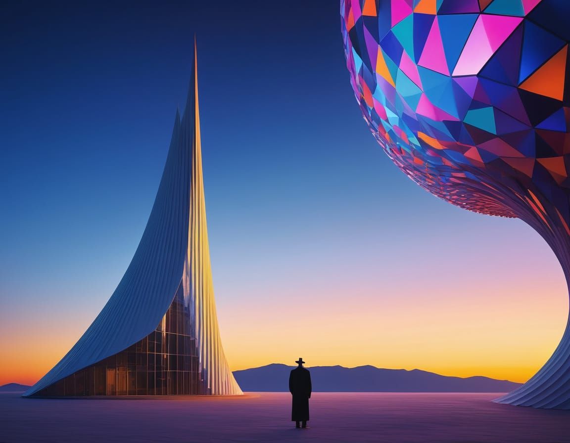 Ethereal Futuristic Sorcerer in Vibrant Cubist Landscape