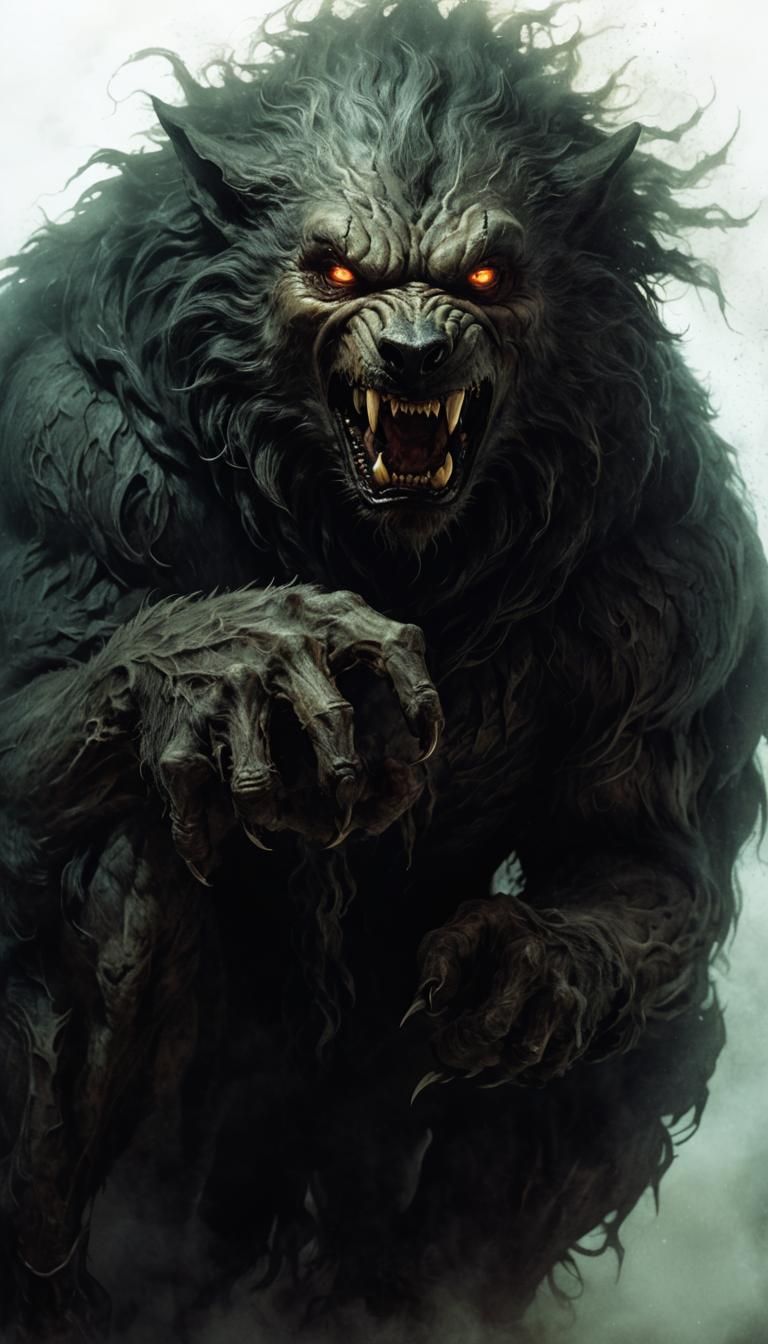 Werewolf Emerges from Fog in Dark Fantasy Style