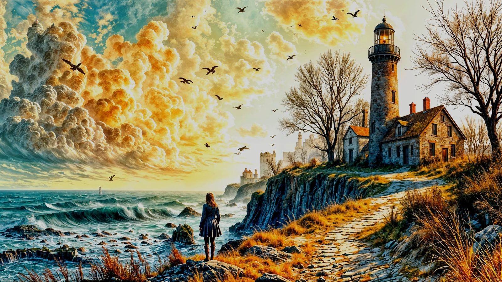 Watercolor Lighthouse on Rugged Coastal Cliff