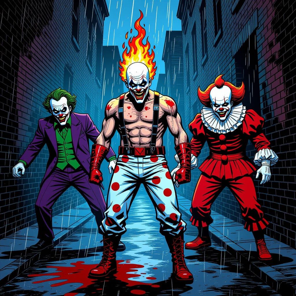 Iconic Villains Terrorize Gotham Alley in Horror Comic Style