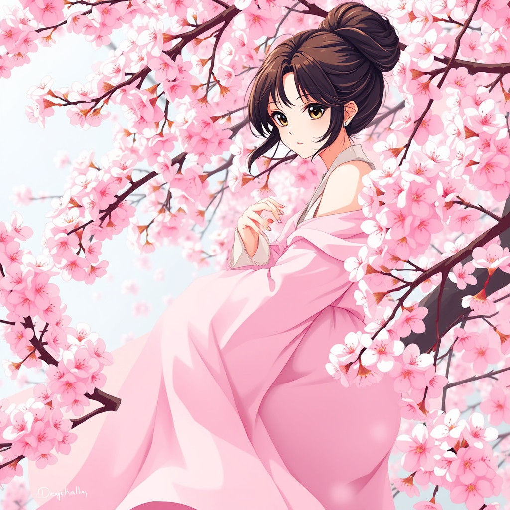 Anime Woman on Cherry Blossom Branch in Manga Style