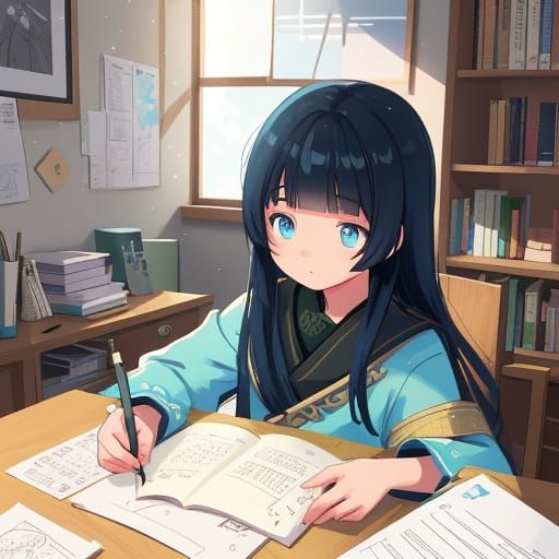 Teenage Girl Studying in Vibrant Anime Art Style