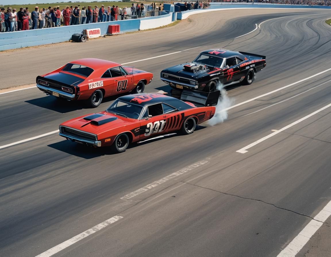Red and Black 1970s Dodge Charger at Racetrack