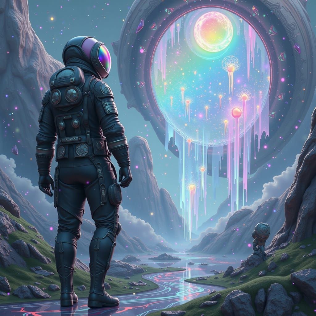 Astronaut Gazing at Portals on Alien Planet