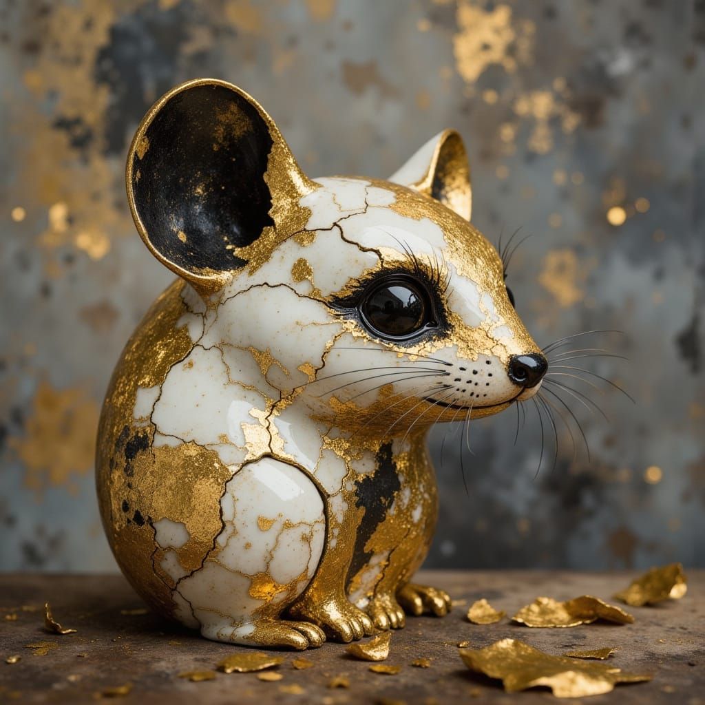 White and Black Cracked Mouse Sculpture with Golden Light