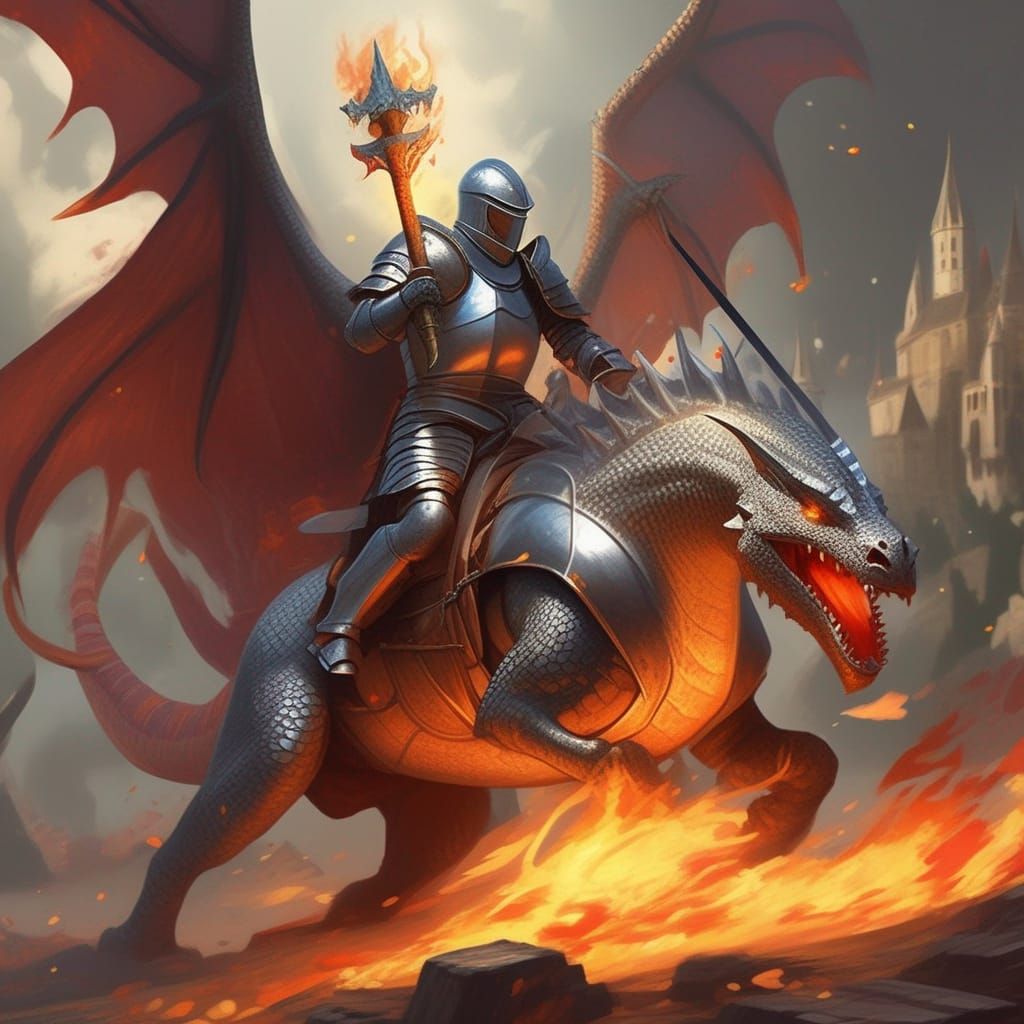 Knight Charges Dragon with Lance