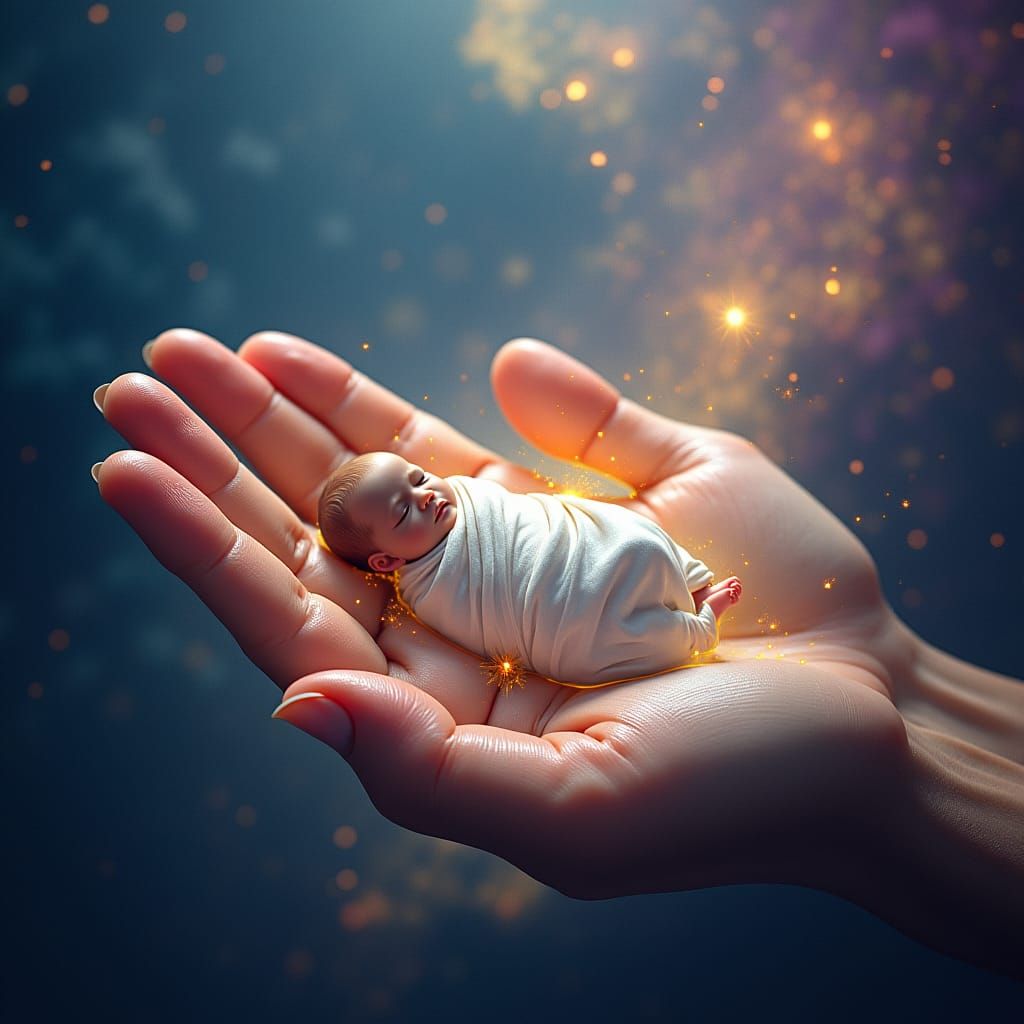 Celestial Infant in Divine Hand: Surreal Art